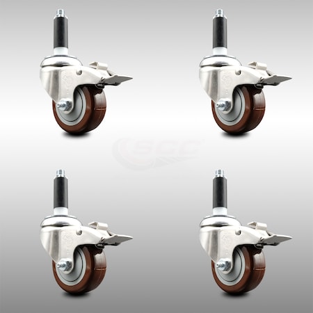 Service Caster 3.5 Inch 316SS Maroon Poly Swivel 3/4 Inch Stem Caster Set Lock Brake SCC SCC-SS316TTLEX20S3514-PPUB-MRN-34-4